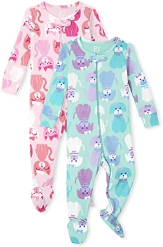 A Criança Infantil Baby Toddler Girls Snug Fit Cotton Zip-Front One Piece Pijama 2-PACK