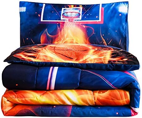 BTARGOT Basketball Fire Court Gêmeo Gêmeo para meninos adolescentes, cama de esportes 3D, colcha reversível