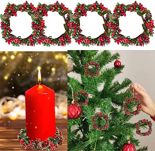 MasterBond 4 PCs Mini Christmas Wreath Whr Christmas Candle Ring Delder Artificial Berry Tea Light