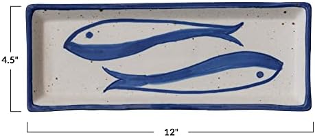 Tigela de grés retangular cooperativa criativa com design de peixe, placa branca e azul