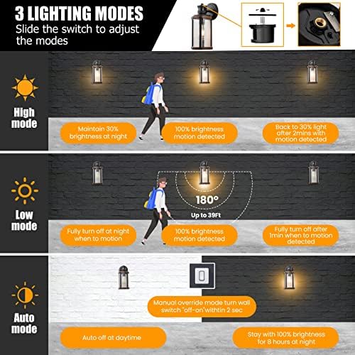 Luz de parede externa do sensor de movimento de hominglux, 3 modos de iluminação luminária de luz da luminária