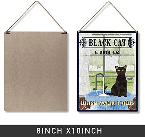 Citação de banheiro engraçado Placa de madeira Plata de parede pendurada, gato preto e pia vintage Co. Lavar seu