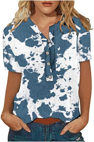 Tops de verão para feminino de linho de algodão Button Down T-shirt Casual Blusa aconchegante Camisetas gráficas de manga curta com bolso com bolso