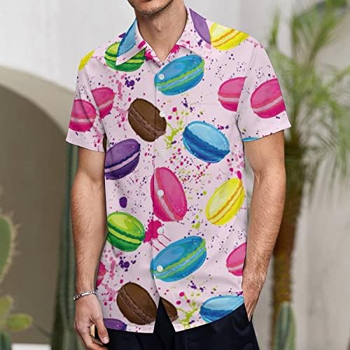 Camisas masculinas coloridas de macaron biscoitos masculinos de manga curta V Botão gráfico de pescoço- camisetas