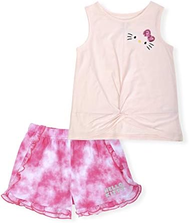 Hello Kitty Girls 2 peças camiseta de moda e um conjunto ativo curto com tampa da tampa da frente e shorts de
