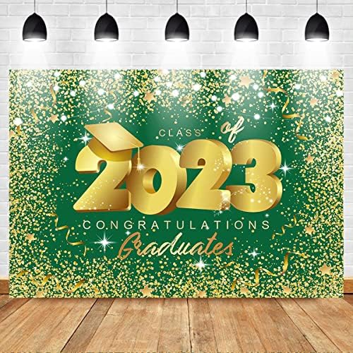 Mocsicka Classe de 2023 cenário 7x5ft verde e ouro Glitter Parabéns Partemo de graduação Foto de pano de