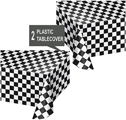 Tampa de mesa de plástico do ventilador de corrida quadriculada em preto e branco, 54 x 108