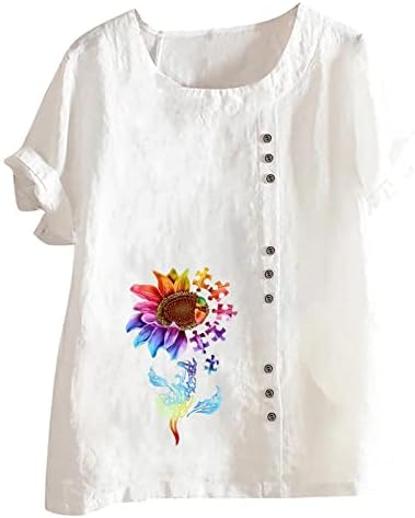 Tops de verão, flor de manga curta estampada de flor camisetas de linho de linho de algodão soltas