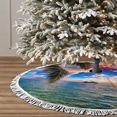 Trepical Hawaii Palm Tree Tree Ocean Sea Sunset Salia de árvore de natal, saia da árvore de Natal com borla