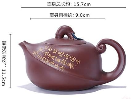 Bule de chá zisha em chinês, 420ml de palavras douradas e folhas de bambu esculpindo, handmade vintage