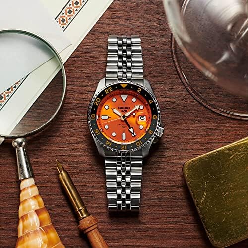 Seiko SSK005 5 Sports Men's Watch Silver-Tone de 42,5 mm de aço inoxidável, laranja
