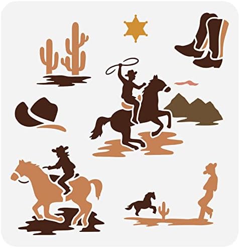 Fingerinspire Western Cowboy Tema estêncil 11.8x11,8 polegadas Cowboys Pintura a cavalo Pintura de estênceis