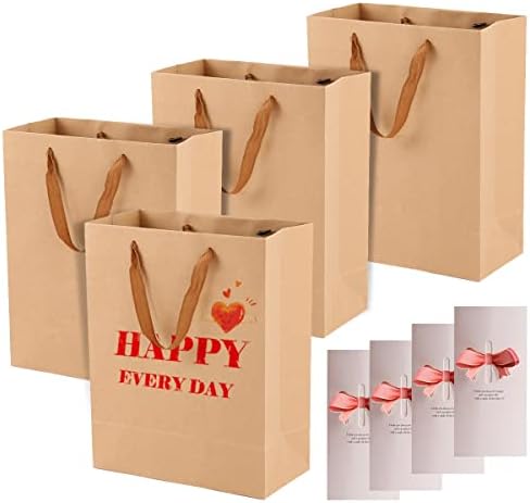 20pcs Kraft Sacos de papel+20pcs cartões de felicitações, pequenos sacos de presente com alças a granel, bolsa de papel duro, sacolas de festas de casamento de compras, sacolas marrons