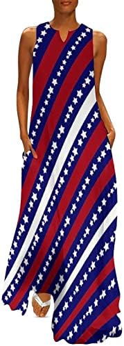 Vestido de tanque feminino 2023 sem mangas contra a bandeira americana de pescoço 4 de julho de bainha