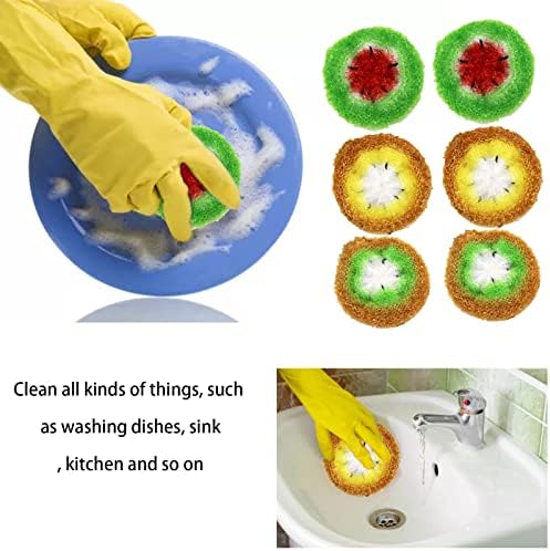 6 Pacote esponja de limpeza de frutas, lavadora de pratos sem arranhões de crochê de manuse