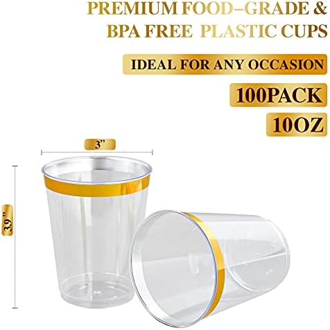 Foco 100 Pack Copo de plástico com aro de ouro 10 oz 10 oz de copos de plástico transparente