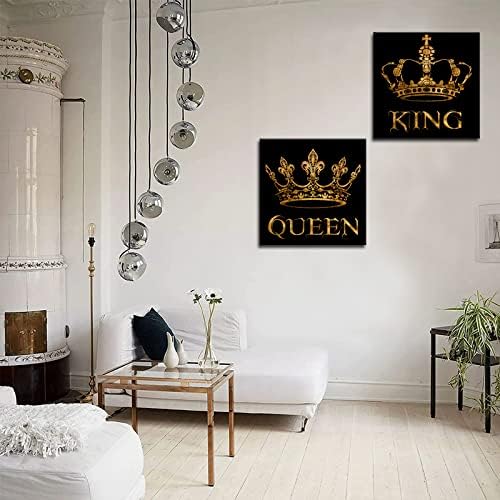 Skenoart 2 peças Pintura de parede preta e dourada Pintura de parede Golden King e Queen Crown Pictures Annivesary