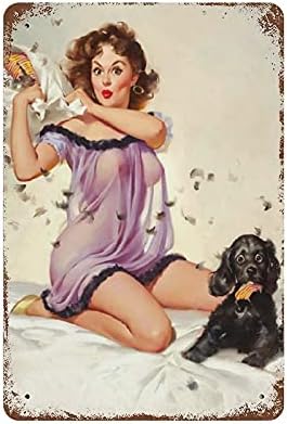 Retro Pin Up Girl 1950s Lingerie sexy Mulher e pintura de cachorro Poster de parede Banda de metal