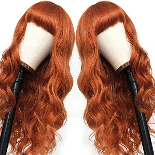 Fugady Hair Orange Red Wavy perucas com franja percam