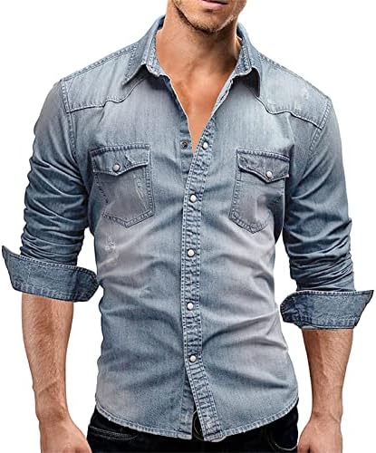 Camisa de jeans de manga longa masculina Button-down casual camisetas de ajuste regular ocidentais