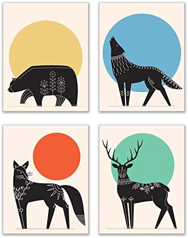 Impressões escandinavas de animais da floresta - Conjunto de 4 polegadas de 4 polegadas minimalistas luminos