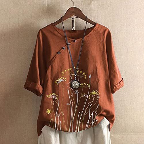 Camisas casuais de verão feminino Bloups de linho de algodão vintage Tshirt de impressão de flor PLATA