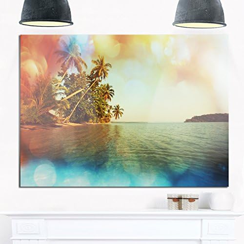 Designart Serene Tropical Beach com Palms-Seashore Arte de parede de metal, 28 '' H x 60 '' W X 1 '' D 5PE, Azul/Verde