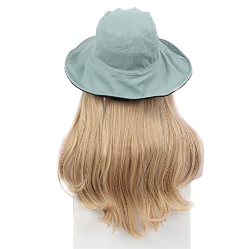Klkkk moda feminina chapéu de cabelo verde sombra pescador chapéu peruca longa e direta de peruca dourada