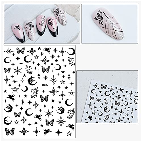 6 lençóis Tianma Star Moon Butterfly Nail Art Stickers, Decalques de unhas de design branco auto-adesivo