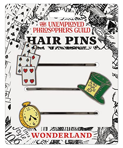 Alice no País das Maravilhas 3 Pins de cabelo Conjunto - Cartões, Chapéu Chapeleiro Mad, Relógio Branco Rabit