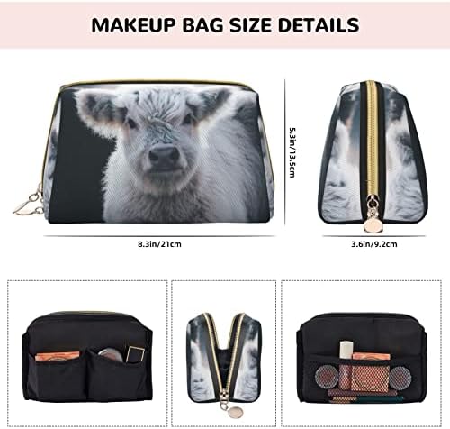 PSVOD Grey Cow Leather Cosmetic Bag, Bolsa de cosméticos com zíper de viagem, bolsa de cosméticos portáteis