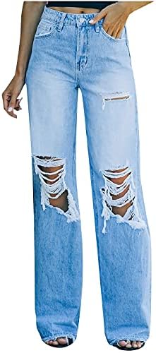 Jeans de perna reta de Panoegsn para mulheres, jeans rasgados de midreira, namorado de rua destruído