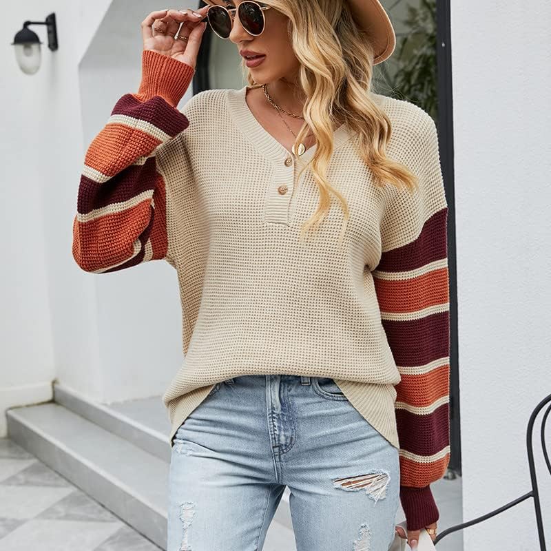 Sweater for Women Fashion Fashion Listred mangas compridas Pullover Waffle Button Up Up-deco