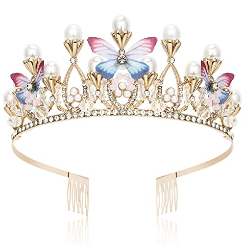 Makone Girls Tiara Butterfly Princess Crown com pente de ouro perera