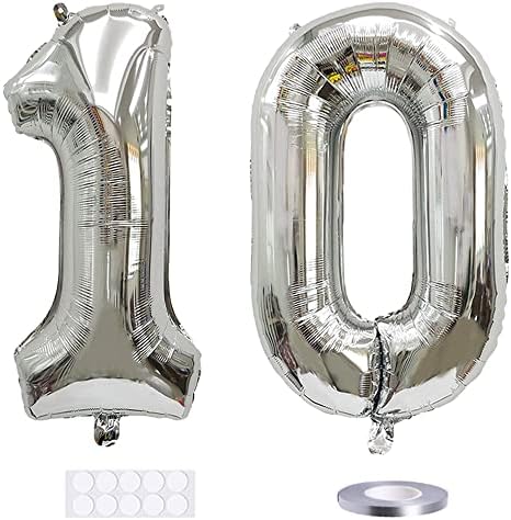 XIHUIMAY Número 10 Balões de balão digital 40 polegadas Alfabeto 10 Aniversário Balões Digit 10 Balões de hélio Balões grandes para festas de aniversário Supplies Bachelorette Bachelorette Bunha, número de prata 10