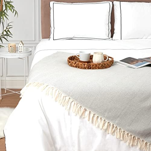 Mykonos Home Throw Plain for Couch - cobertor de malha de algodão turco puro com borlas, aconchegante, leve,