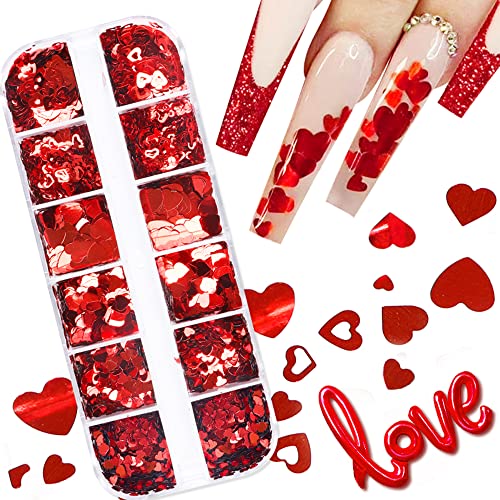 Valentine's Day's Heart Nail Art Glitter LECINAS 3D Holográfico Vermelho Coração de Nail Art Decalques 12