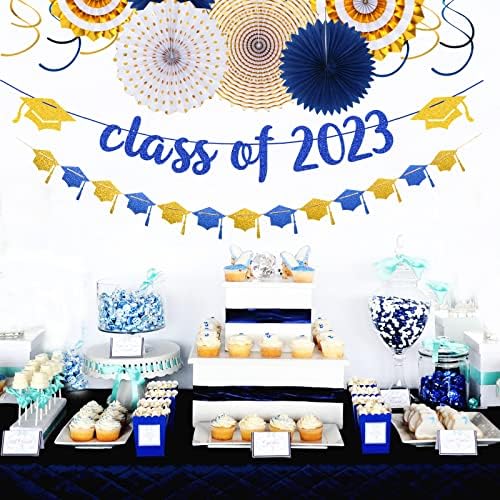 Navy-Blue Gold Party Decorações de graduação Banner-Streamers-Kits de 18pcs Classe de 2023 Garland, Fan de Pom