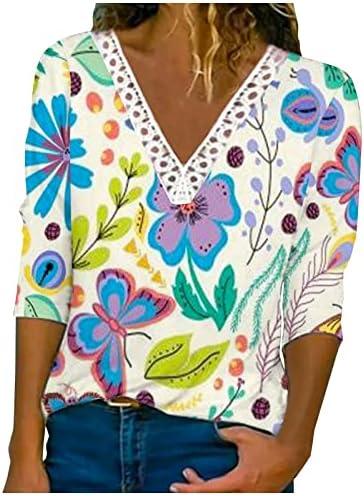Roupas de manga comprida feminino Moda V de pescoço Lace algodão gráfico casual casual Tshirt Summer