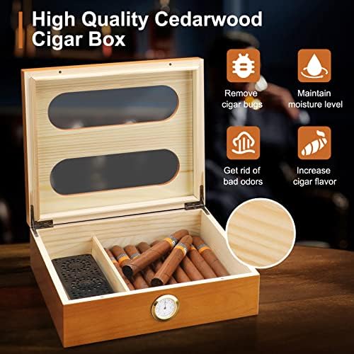 Cigar Cigar Humidor para 20-30 charutos, caixa de armazenamento de madeira de mesa artesanal com umidificador, higrômetro e divisor, caixa de charutos de madeira de cedro, acessórios de charuto para homens, marrom