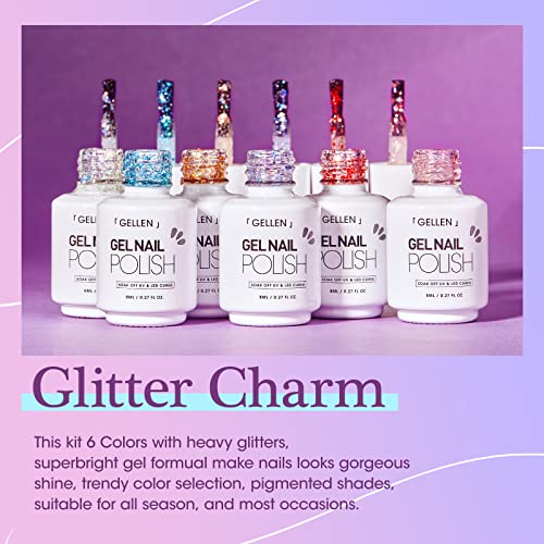 Gellen Glitter Gel Achaness, 6 cores Kit de polimento de gel brilha coloras vermelhas rosa rosa