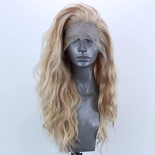 MSTHOO Long Curly Lace Wigs Blondleless Glueless Hair Wig para mulheres Cabelos de fibra resistente
