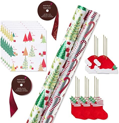 Conjunto de papel de embrulho de Natal de Papyrus, árvores de Natal e bastões de doces