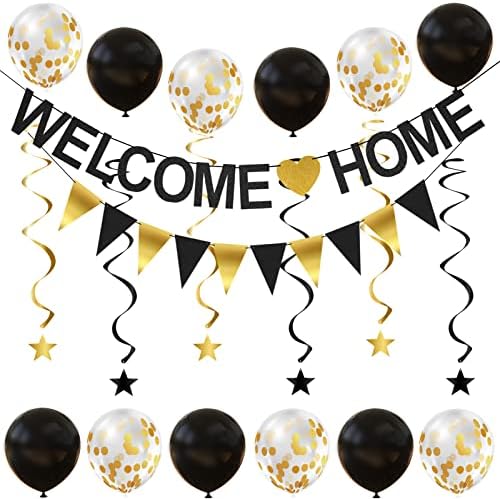 Bem -vindo às decorações de banneras com letreiros de boas -vindas, guirlanda, balões e redemoinhos