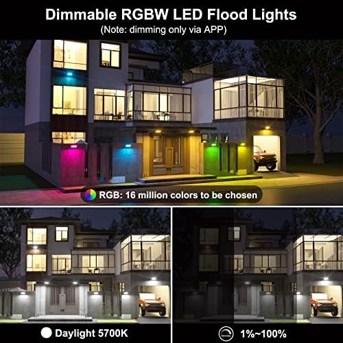 Luzes de inundação RGB Outdoor, 500W Equivalente Smart Color Change & Daylight 5700K Luz da paisagem, IP66