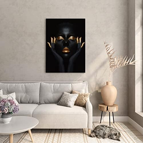 Pintura de lona de arte de parede com moldura, moda preta e dourada Black Woman Retrato Arte obra de arte