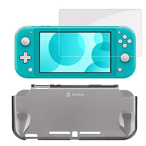 TomToc Protective Case Set para Nintendo Switch Lite, tampa de estojo transparente com preensão dura com protetor de tela de vidro com temperamento anti-arranhão, acessórios de proteção completa para Switch Lite 2019, cinza escuro