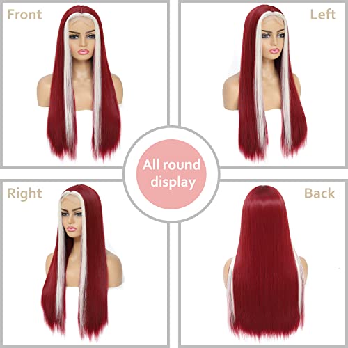 Palptasn Skunk Stripe Wig Borgonha com Destaque Blondido Destaque Sintético Vinho Red Lace Fronte