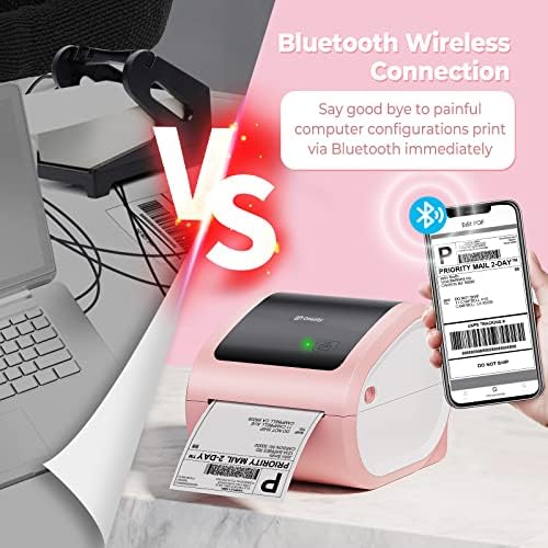 Impressora Bluetooth Térmica Rótulo 4x6 - Impressora de etiqueta térmica rosa sem fio para pacotes de remessa