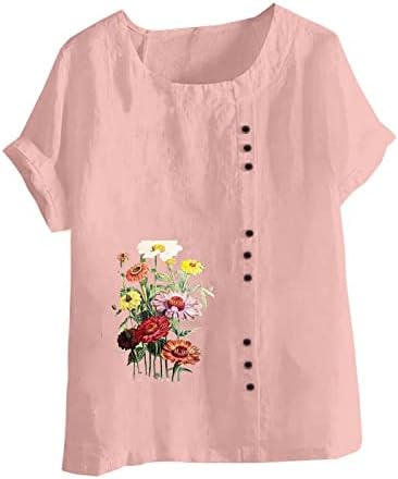 Camiseta superior de tamanho superior para meninas de manga curta linho de linho de linho de algodão com camiseta